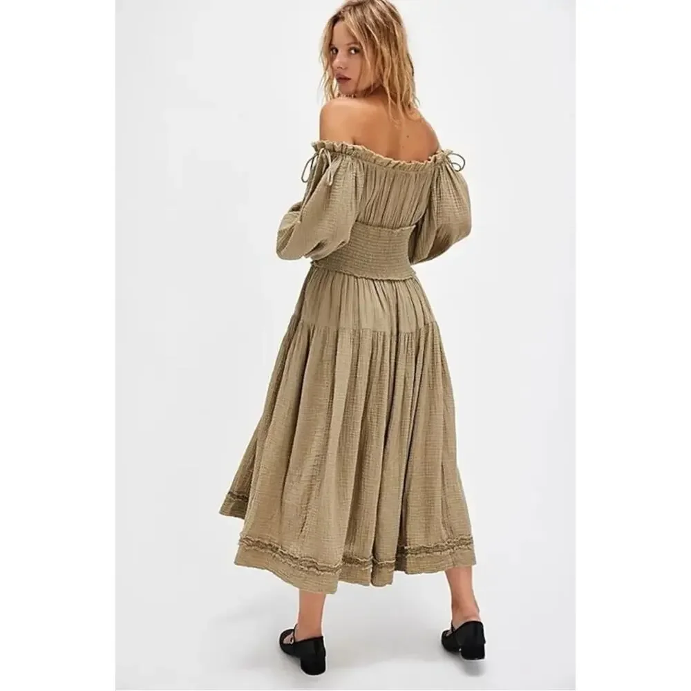 Free People Large Bohemian Witchy Gypsy Midi Maxi Gauze Dress Olive Renaissance