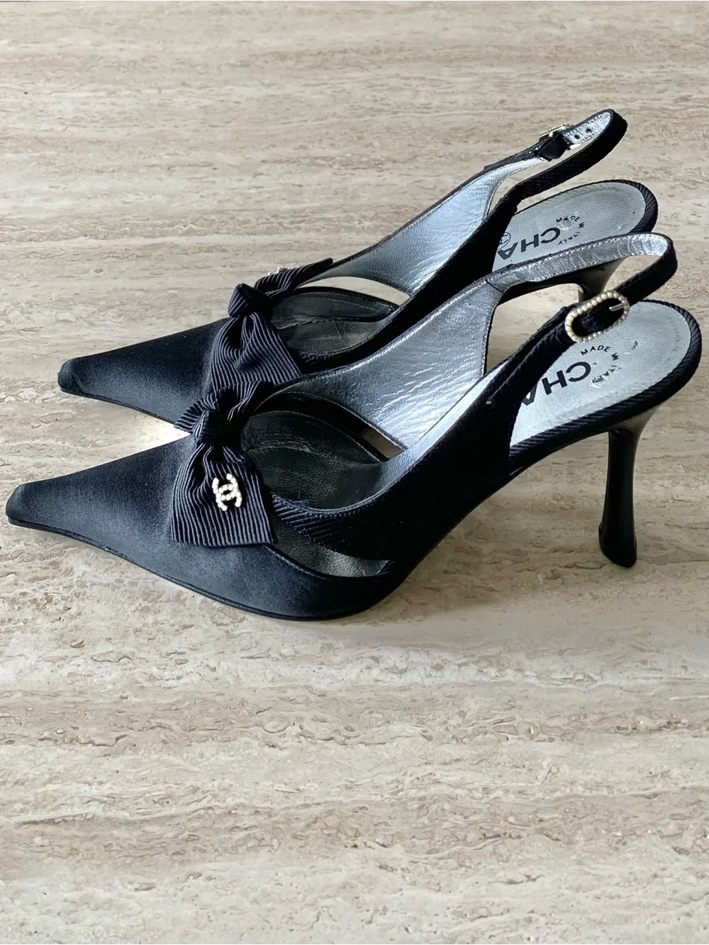 Vintage Chanel Satin Grosgrain Pearl CC Bow Slingback Heels