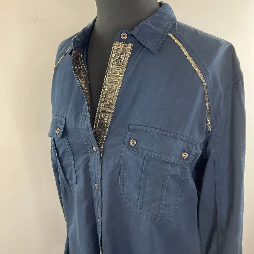 Free People Blue Off Campus Button-Down Long Sleeve Tencel Women's Shirt Size S
