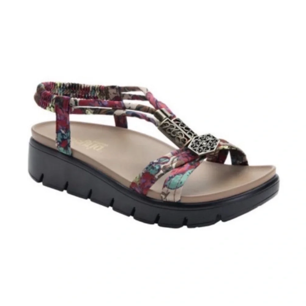 ALEGRIA Roz Get Away Tan Tropical Print Slingback Platform Sandals 37/7-7.5 Boho