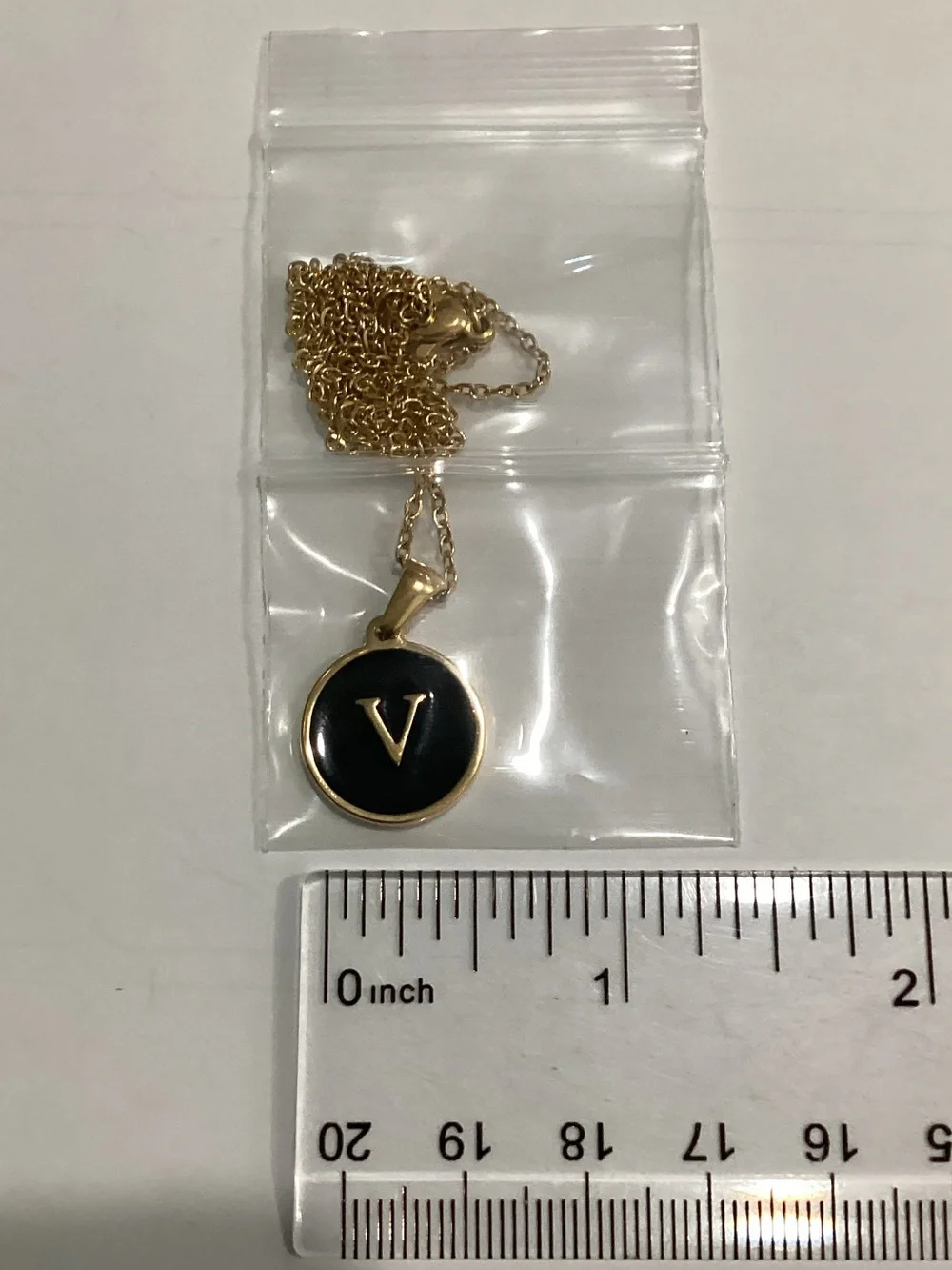 Gold Initial V Pendant Necklace with Black Enamel