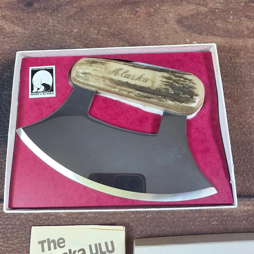The Ulu Factory Alaska Ulu Knife Antler Handle Silver Excellent Boxed Set