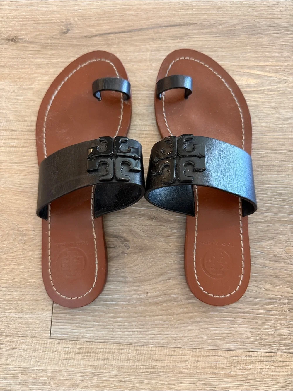 Tory Burch Black Leather Toe-Loop Slide Sandals
