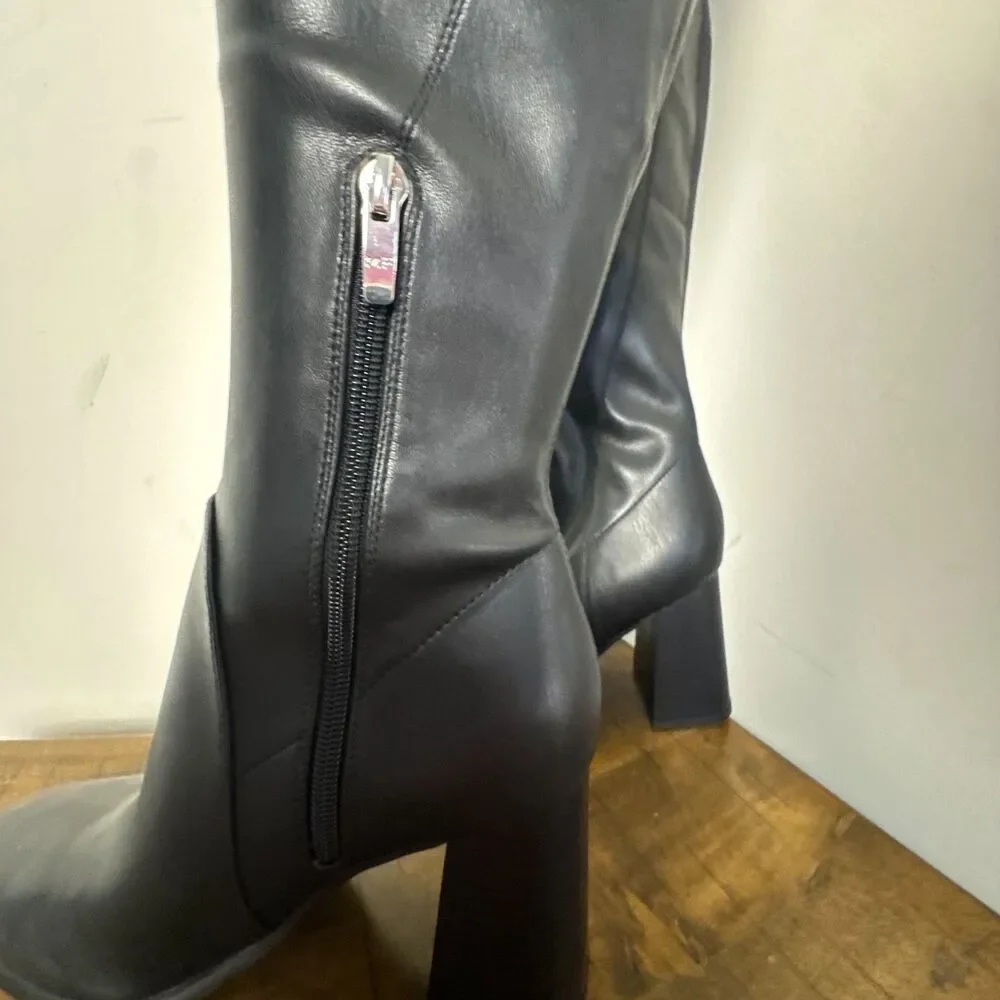 Marc Fisher Black Tall Knee High Boots Women's 8.5M Chunky Heel Minimalist