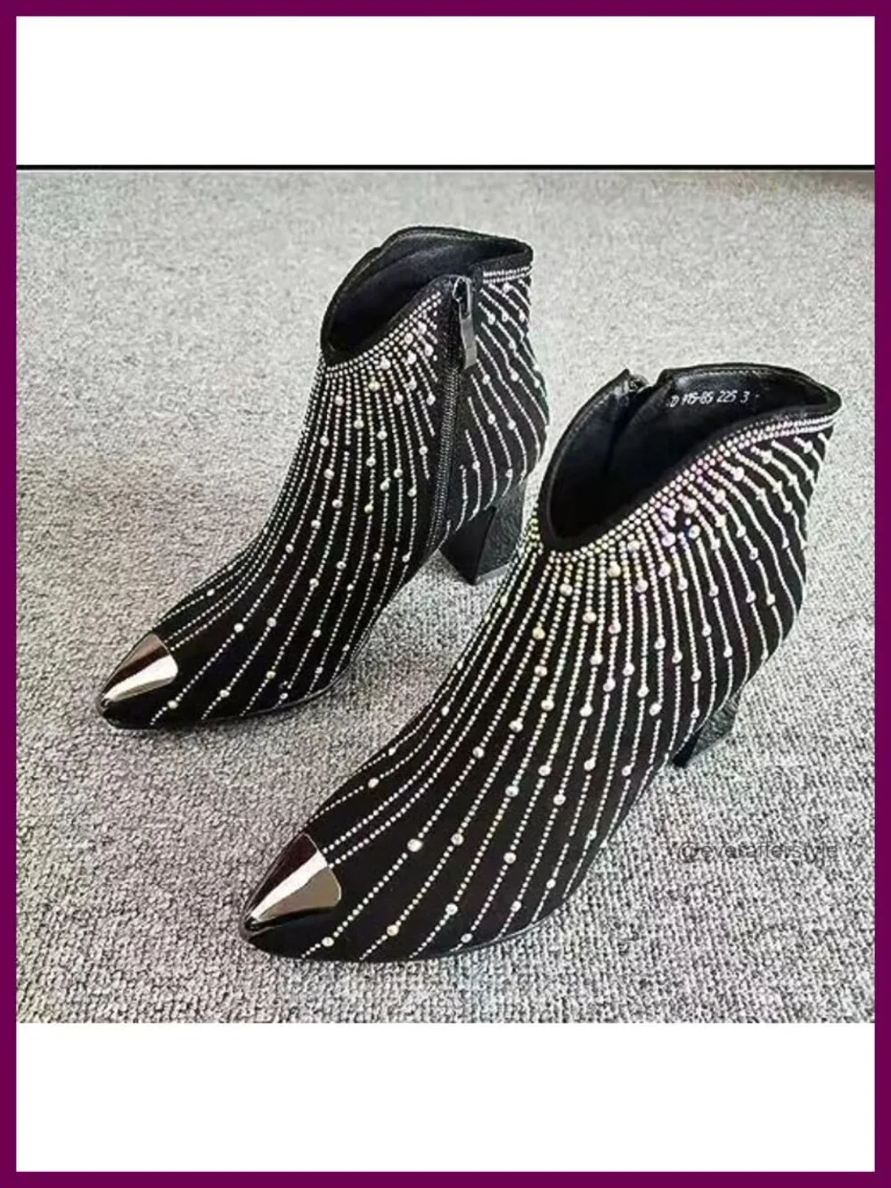 Women's Rhinestone Pointed Toe Chunky Heel Booties with Side Zipper