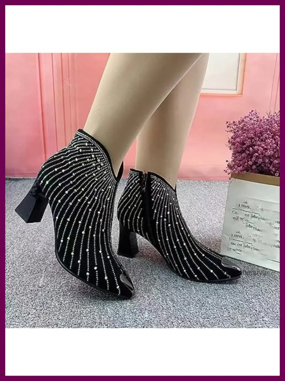 Women's Rhinestone Pointed Toe Chunky Heel Booties with Side Zipper