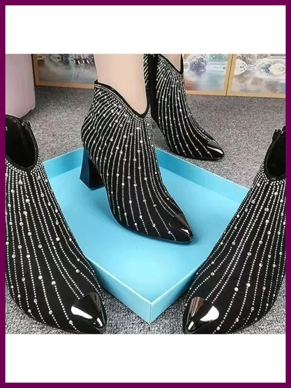 Women's Rhinestone Pointed Toe Chunky Heel Booties with Side Zipper