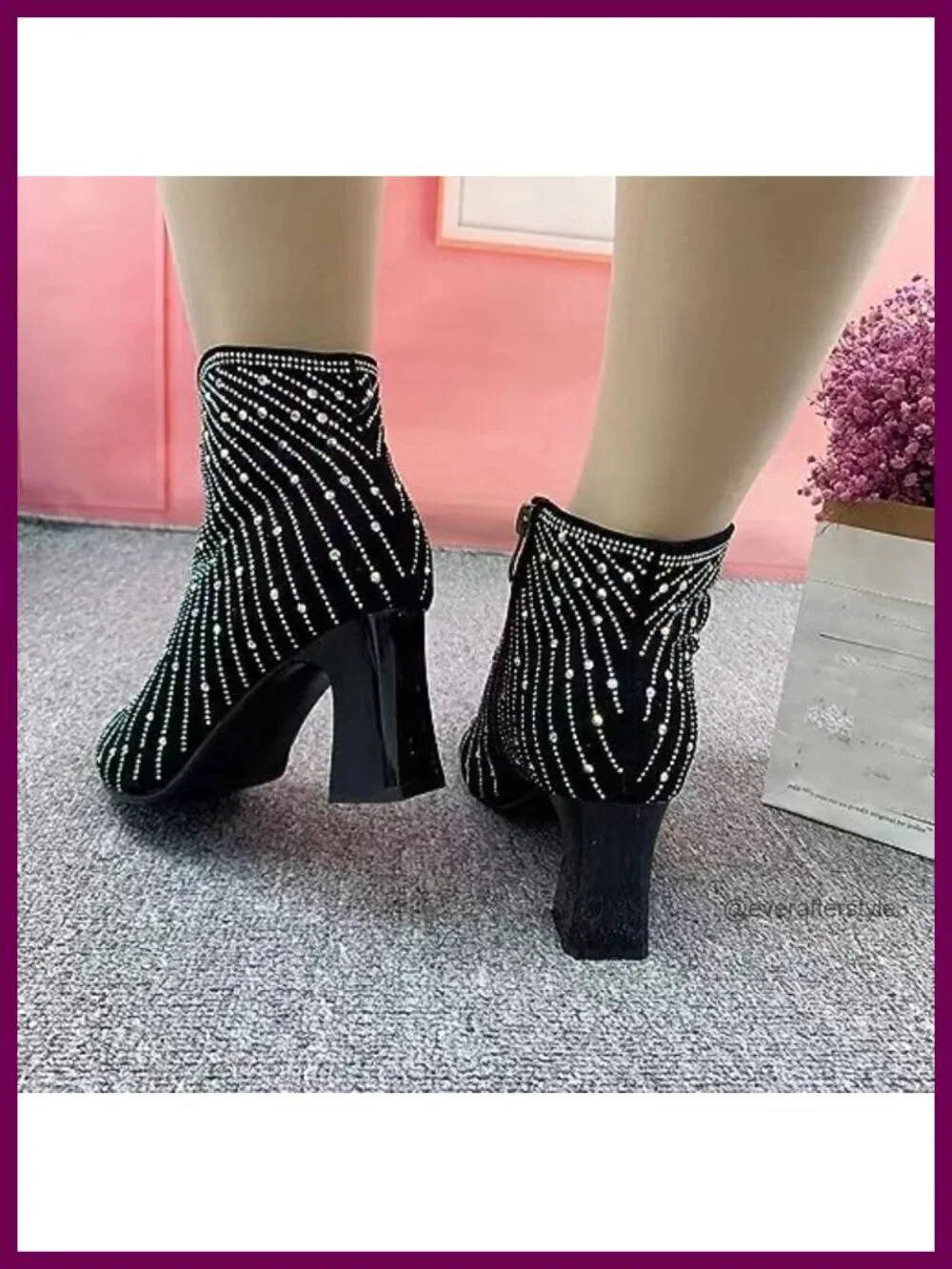 Women's Rhinestone Pointed Toe Chunky Heel Booties with Side Zipper