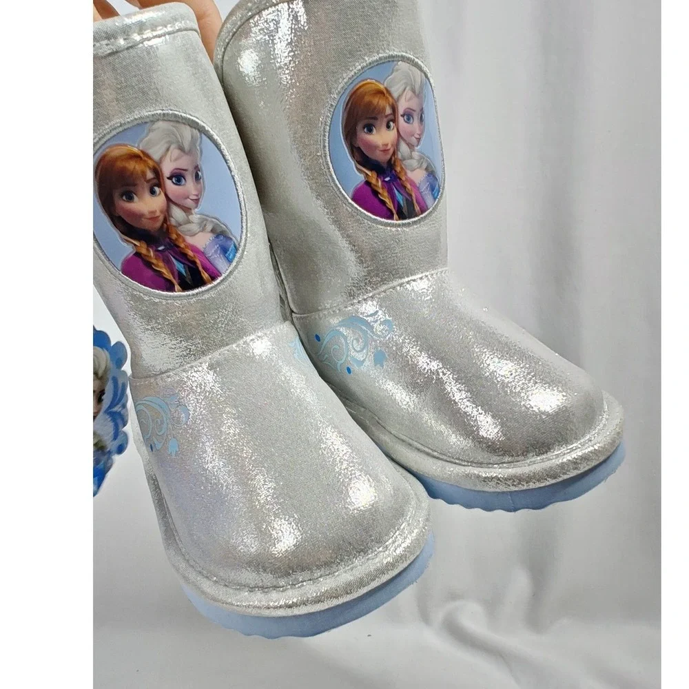 Disney Frozen Boots Silver Anna Elsa Faux Fur Metallic Snowflake Toddler 8 New