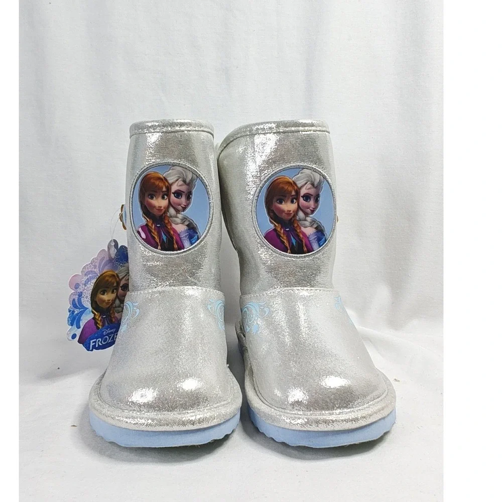 Disney Frozen Boots Silver Anna Elsa Faux Fur Metallic Snowflake Toddler 8 New