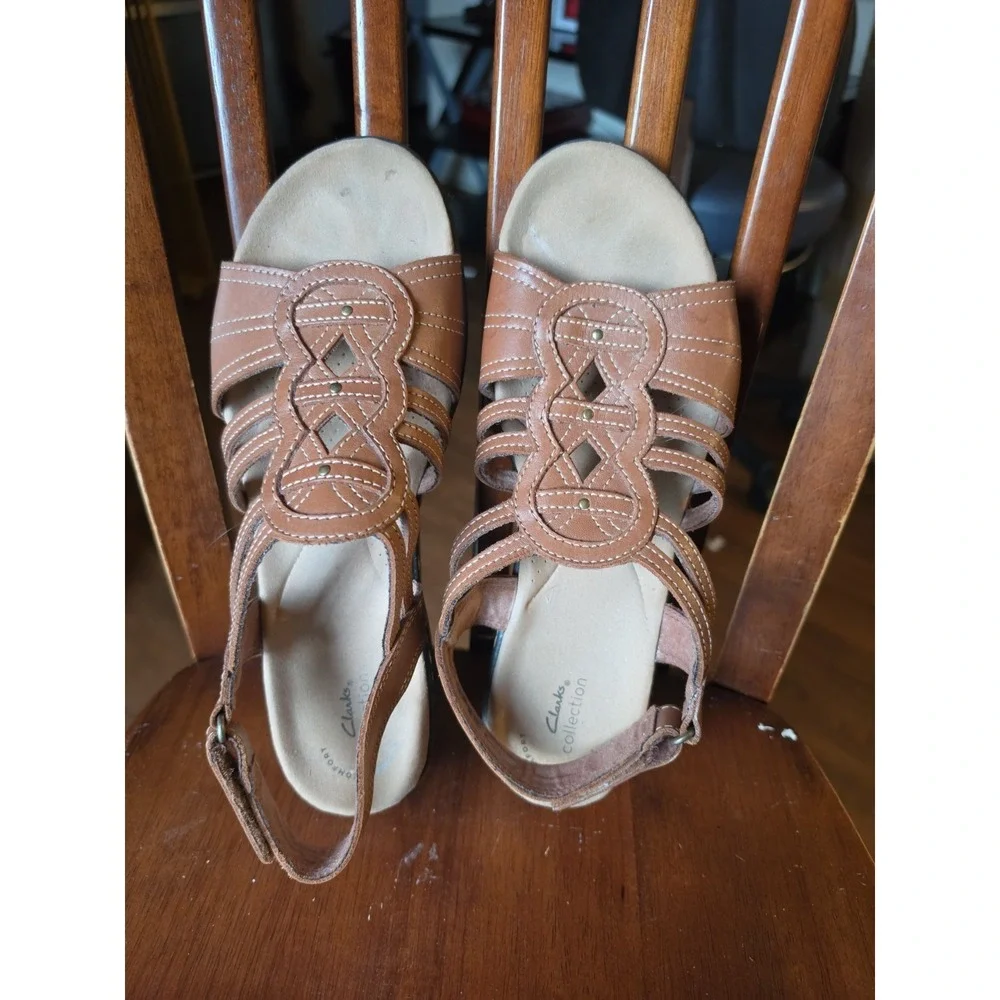 Clarks Brown Leather Strappy Buckle Flat Sandals Women's US 10 Stitched