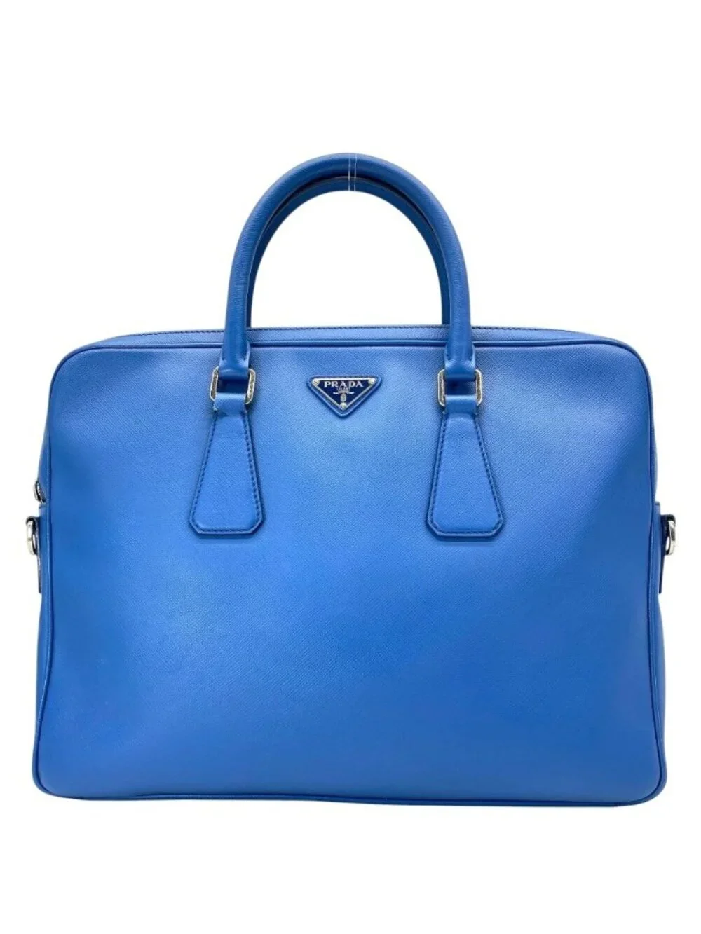 Prada Business Briefcase Handbag Triangle Logo Saffiano Leather Blue Document