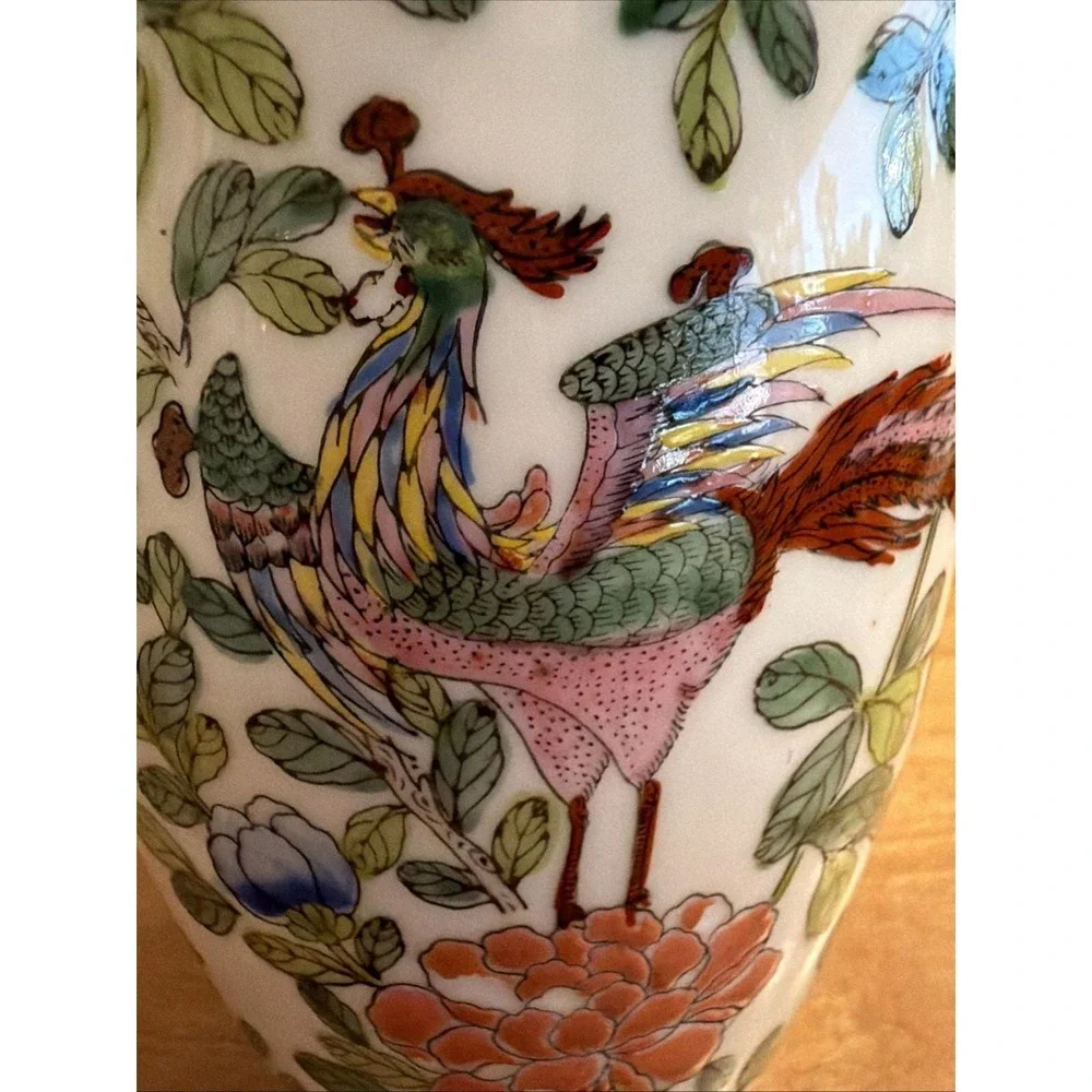 Chinese Hand‎ Painted Porcelain Vase Phoenix & Peony Motif 8.5