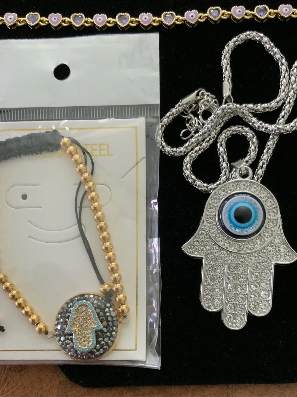 Gold Hamsa & Evil Eye Necklace Set with Blue Accents