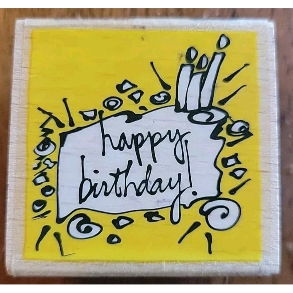 Rubber Stamp - Happy Birthday Script On Birthday Cake - Wood - Vap! Scrap