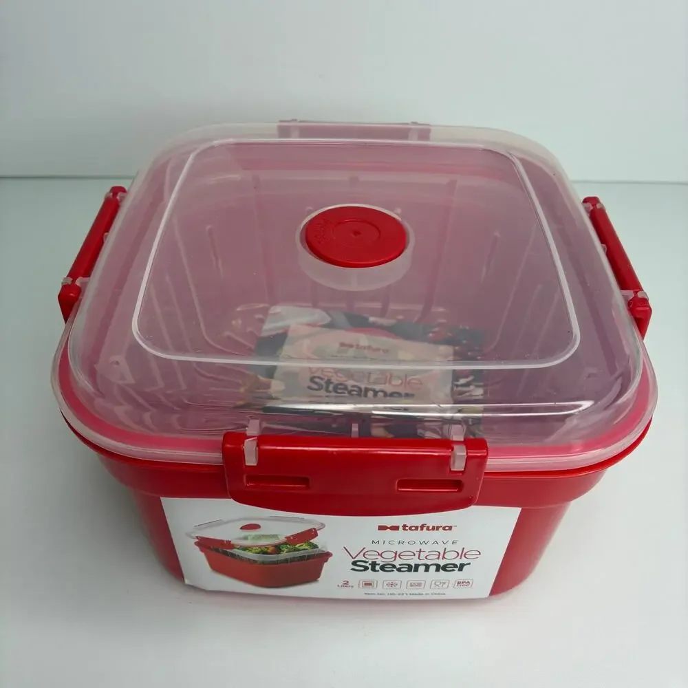 Tafura Red Microwave Vegetable Steamer Click Lock Plastic Dishwasher Safe