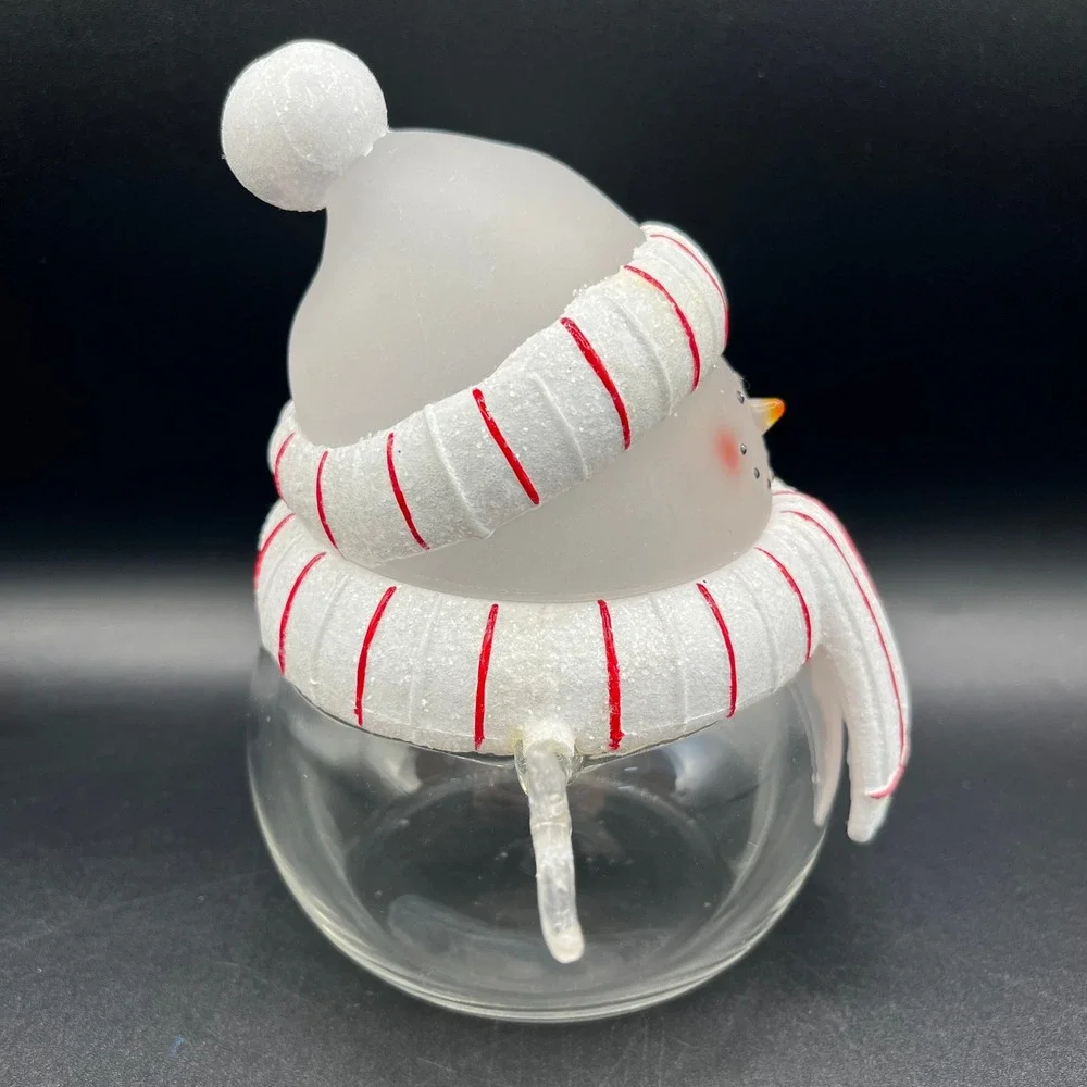 Snowman Glass Candy Jar Frosted Lid White Striped Christmas 5.75