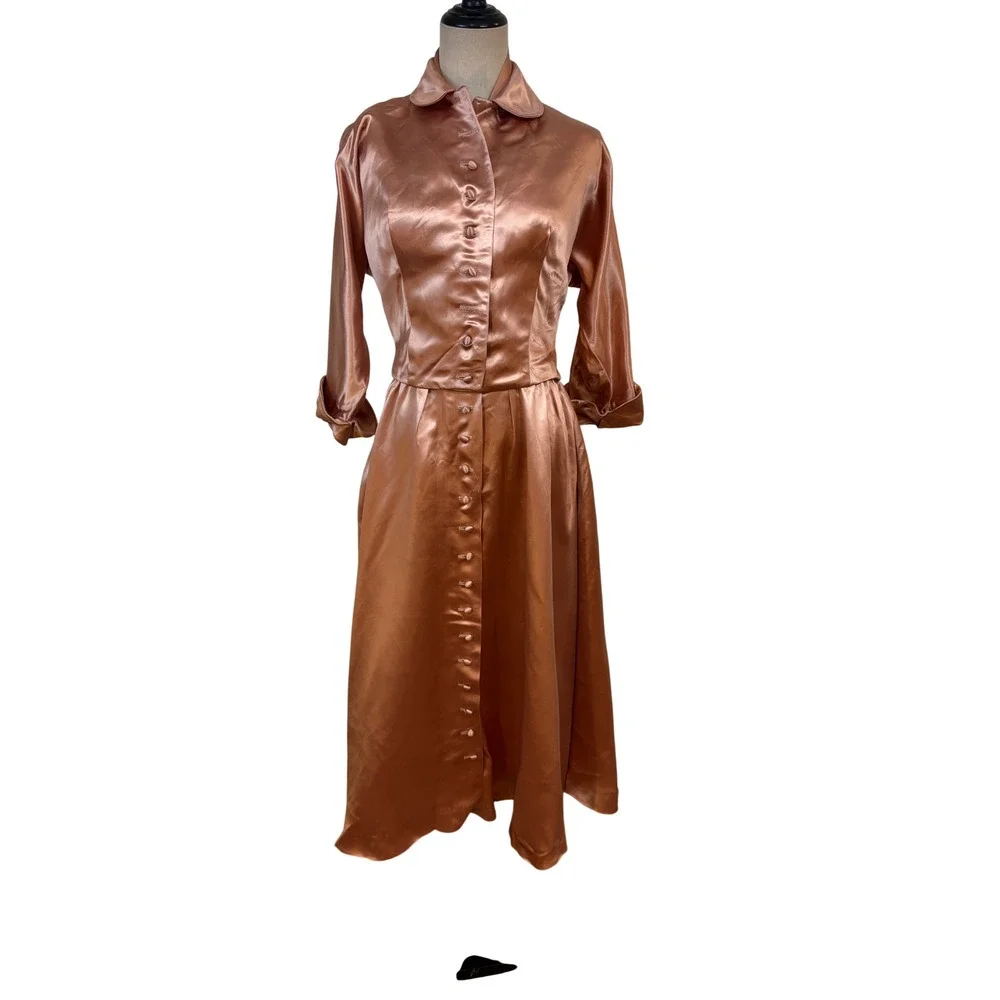 Vtg 50s‎ Slipper Satin Halter Dress Jacket Copper Pockets 2pc Set 28