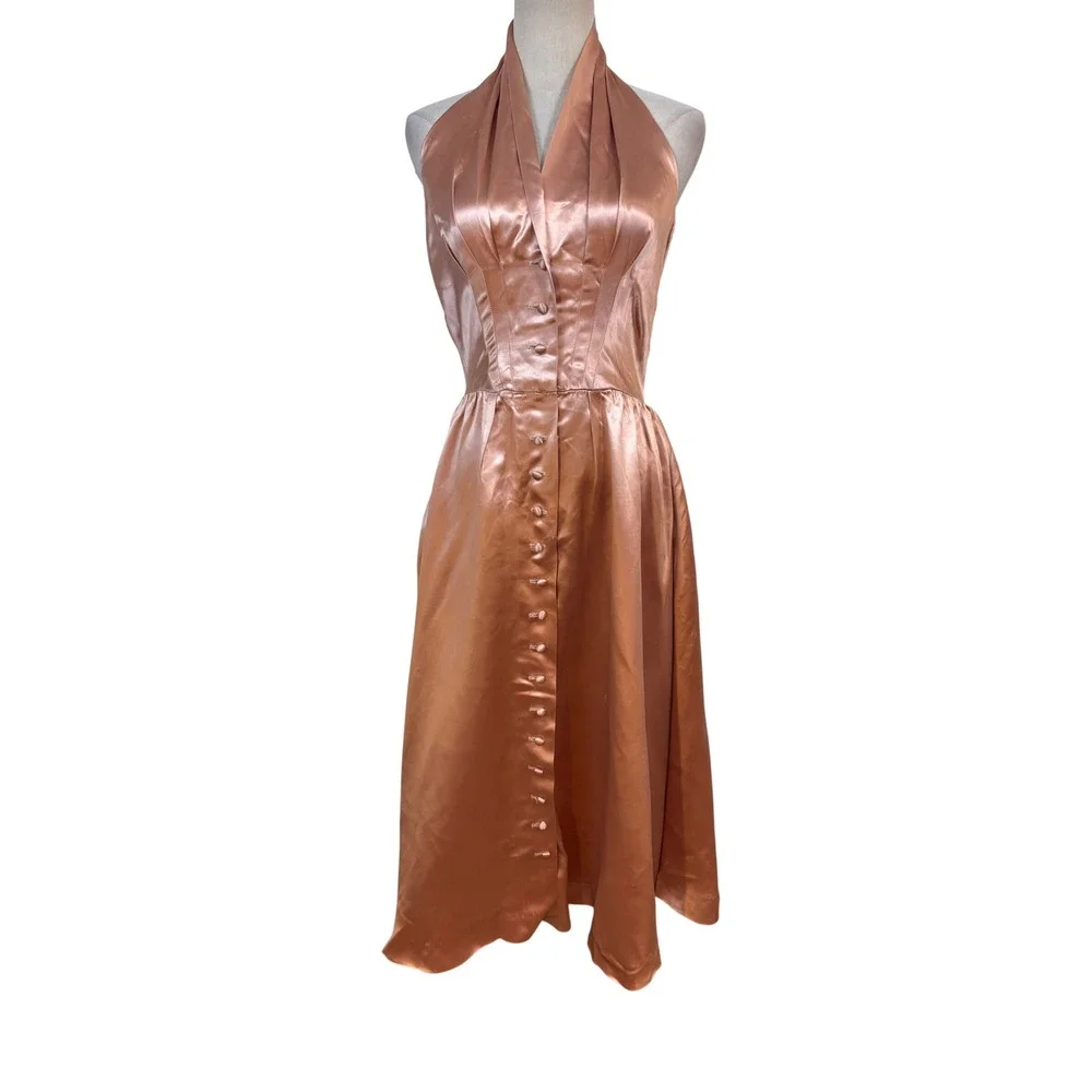Vtg 50s‎ Slipper Satin Halter Dress Jacket Copper Pockets 2pc Set 28