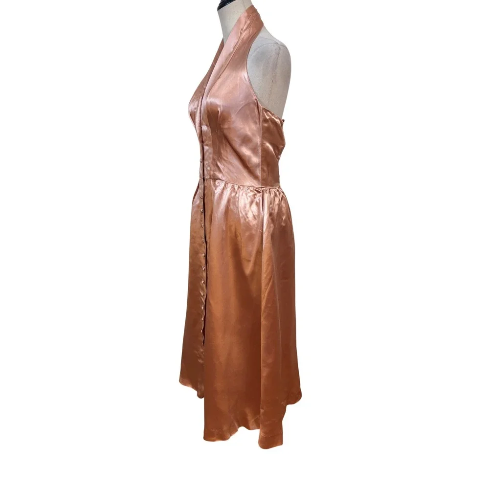 Vtg 50s‎ Slipper Satin Halter Dress Jacket Copper Pockets 2pc Set 28