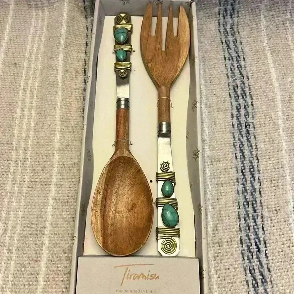 Tiramisu Turquoise Bead Embellished Wood Salad Server Set NIB