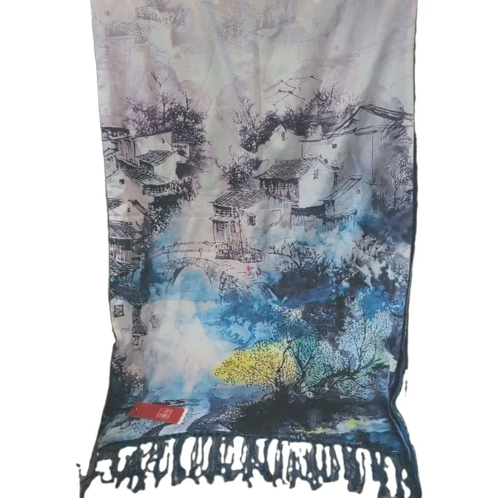Story of Shanghai 100% Silk Scarf NWT Large Blue Floral Landscape Print Shawl