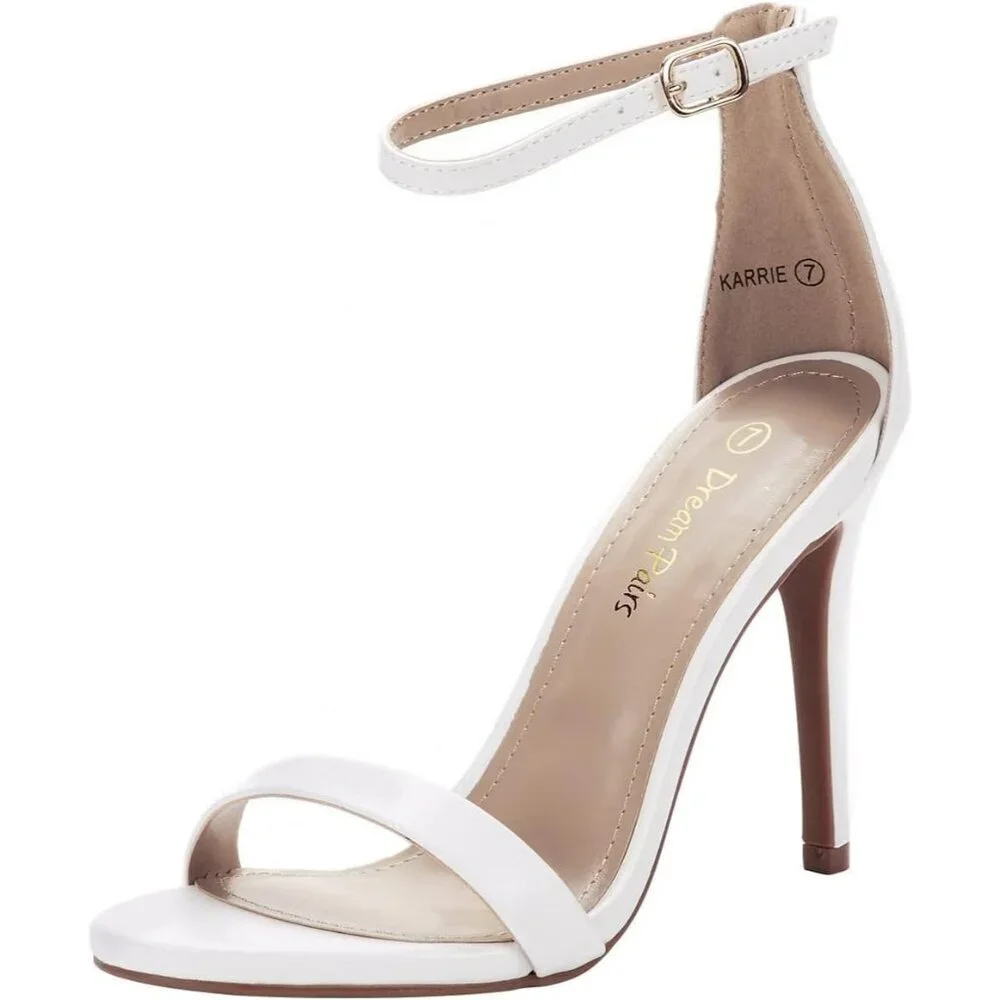 Women's White-Pu Flower Ankle Strap Stiletto Round Open Toe Stylish Heel Shoe
