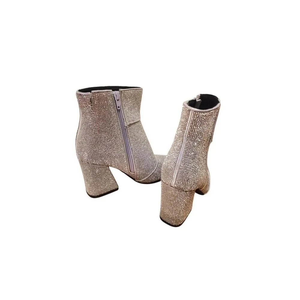 Womens Rhinestone Ankle Boots Pointed Toe Block Heel Zip Up Sparkly Silver