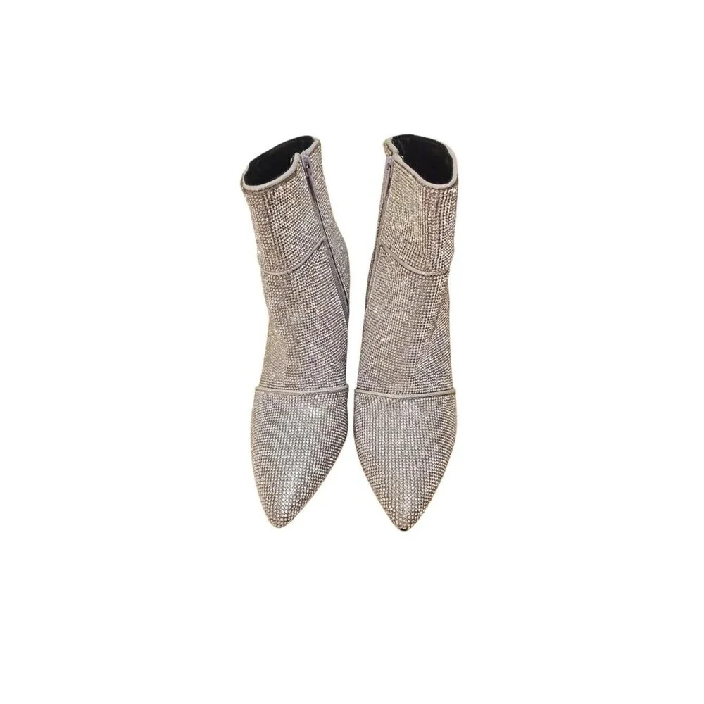 Womens Rhinestone Ankle Boots Pointed Toe Block Heel Zip Up Sparkly Silver