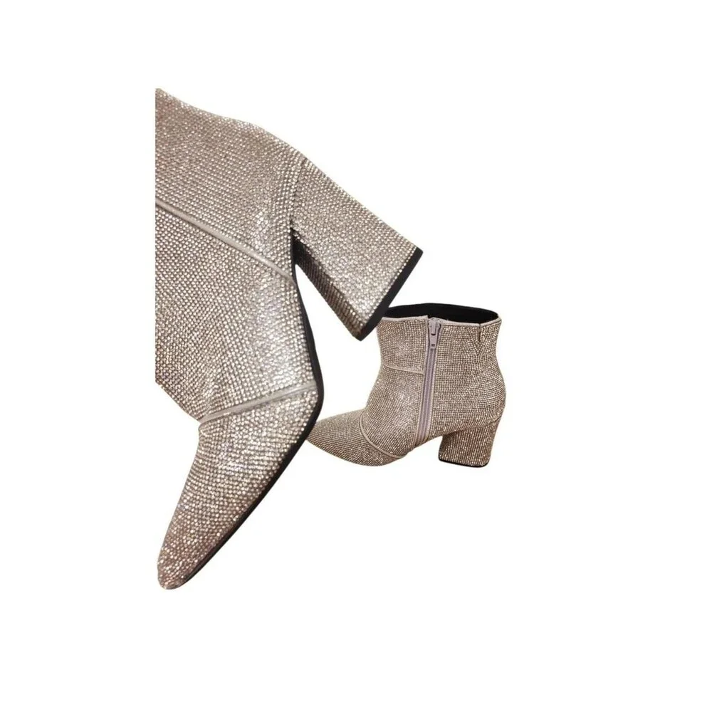 Womens Rhinestone Ankle Boots Pointed Toe Block Heel Zip Up Sparkly Silver