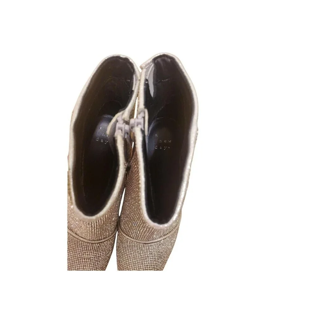 Womens Rhinestone Ankle Boots Pointed Toe Block Heel Zip Up Sparkly Silver