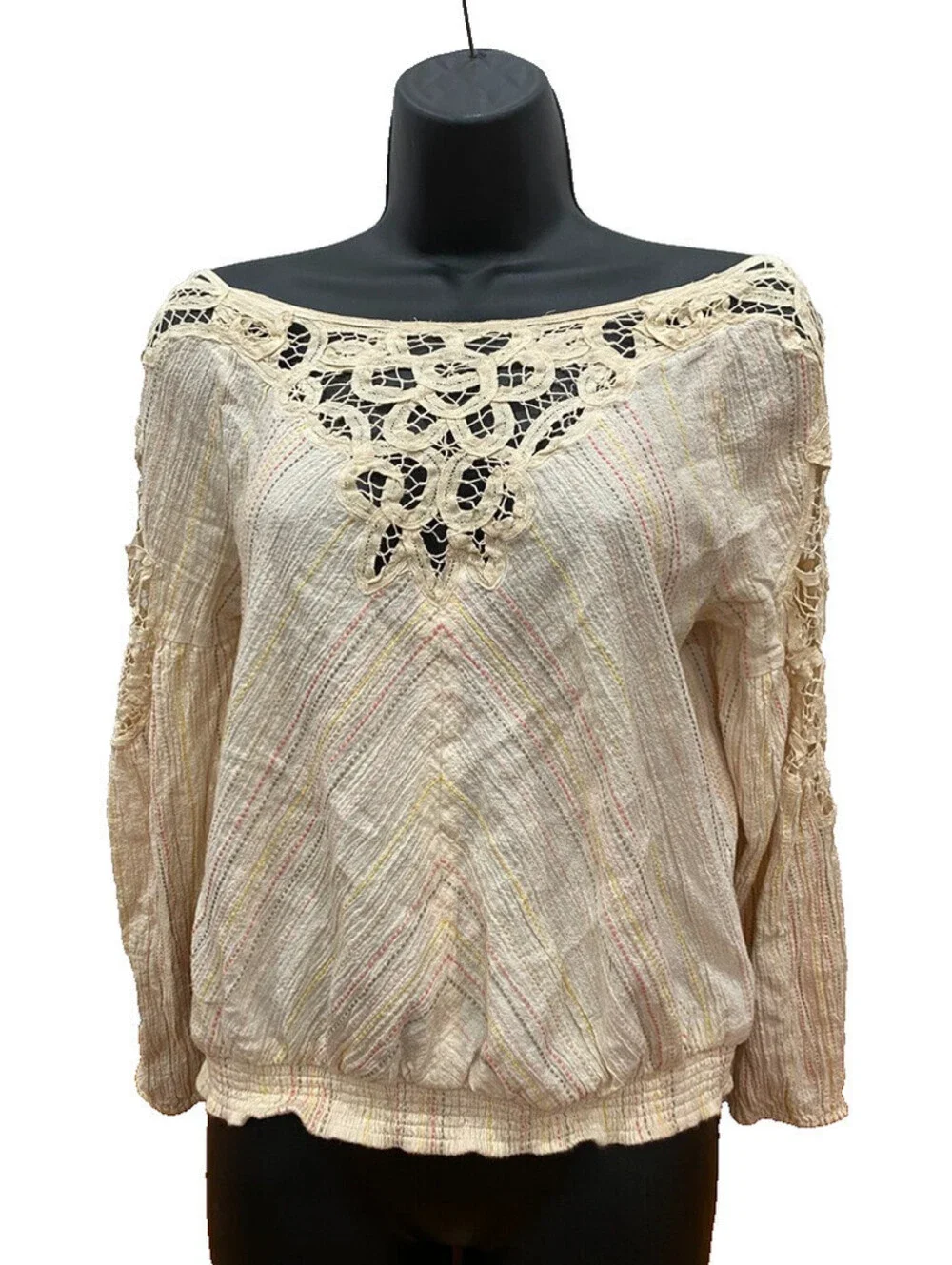 Free People Top MEDIUM Blouse Floating Memories Lace  Artsy Boho Ivory Hippie