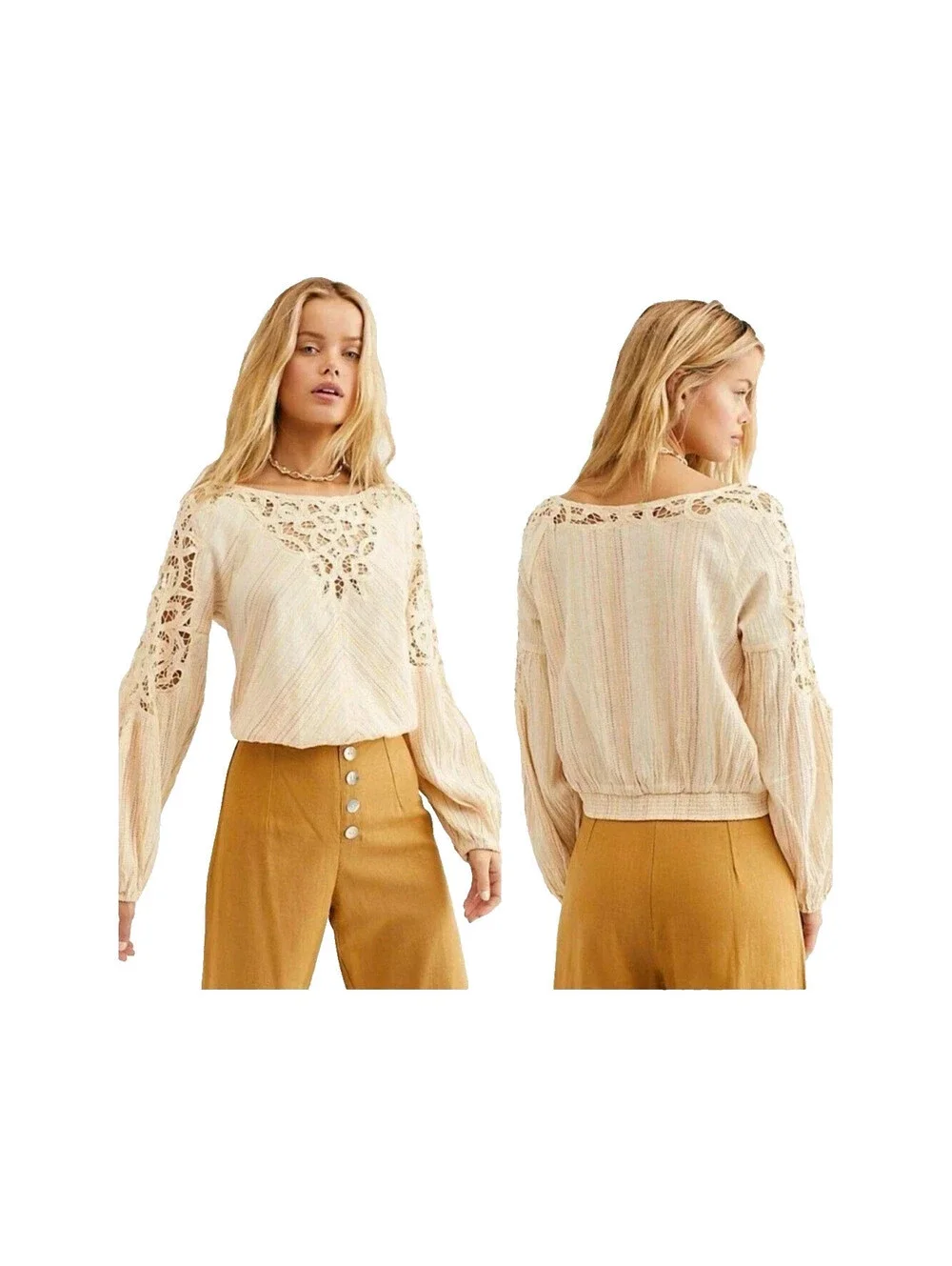 Free People Top MEDIUM Blouse Floating Memories Lace  Artsy Boho Ivory Hippie