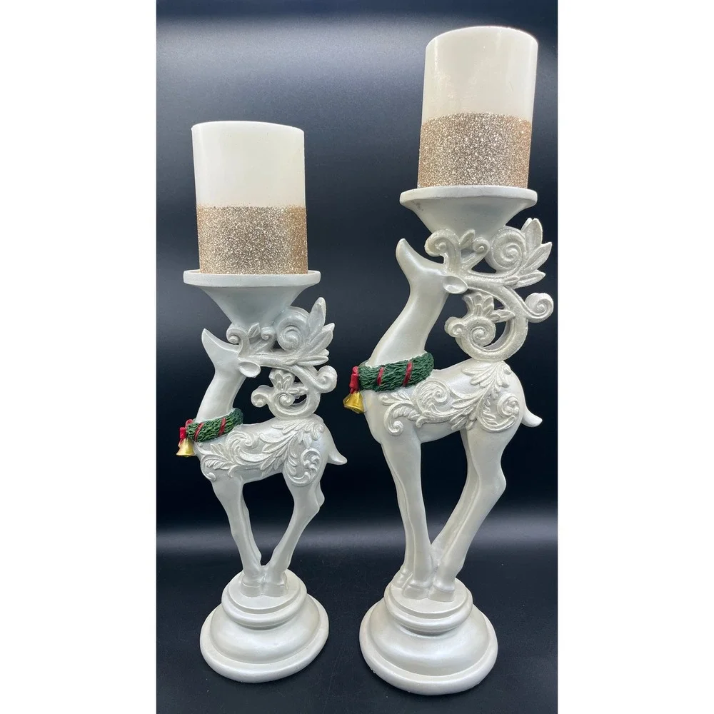 Christmas Reindeer Pillar Candle Holder Set Cream Gold LED Candles 2pc 14