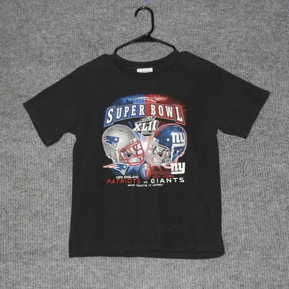 Patriots Giants Reebok T Shirt Boys M Black Super Bowl XLII Event Sports‎ Retro