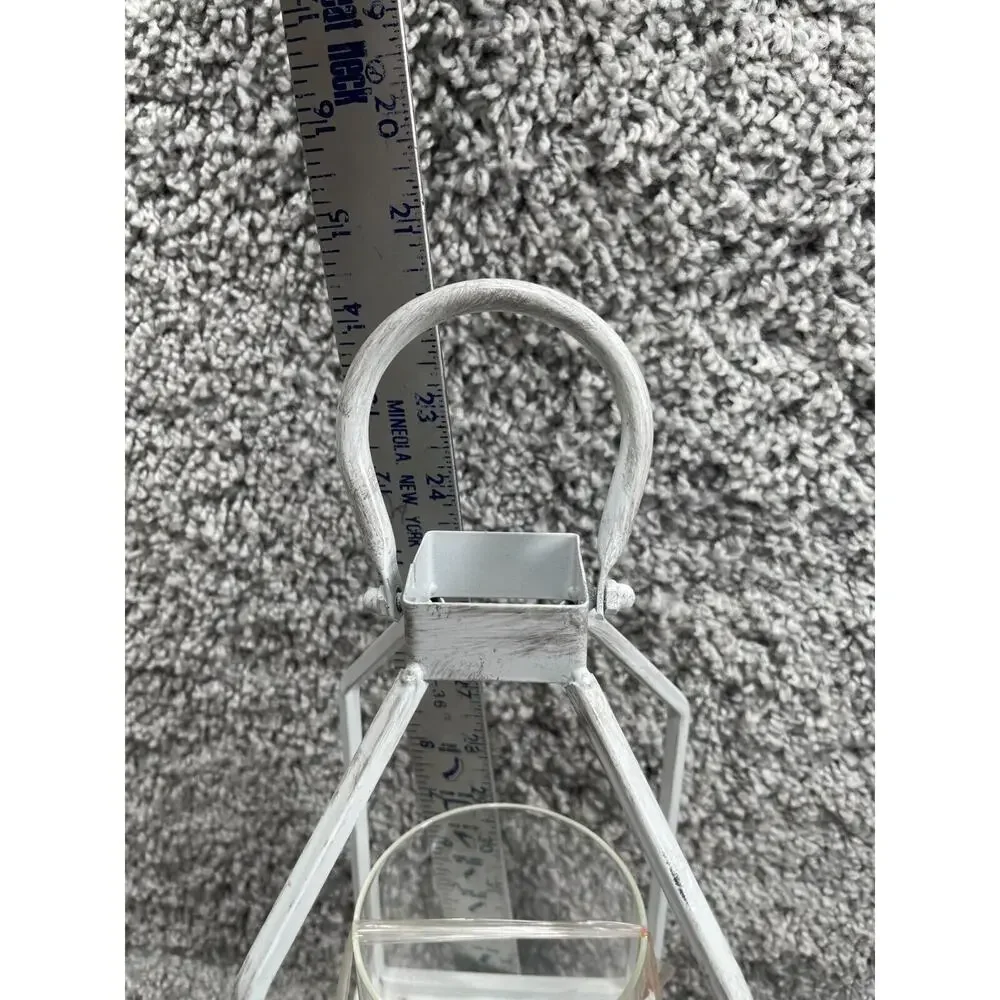 White Carriage Lantern Clear Cylinder Glass Center Candle Holder 14.5
