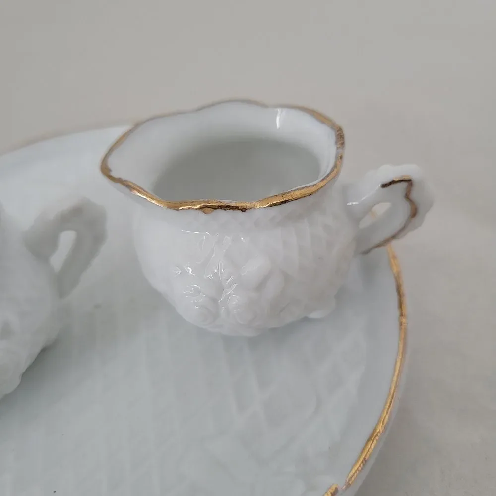 Micro Porcelain Tea Set Display White Gold Trim Tea Party Dollhouse Mini Size