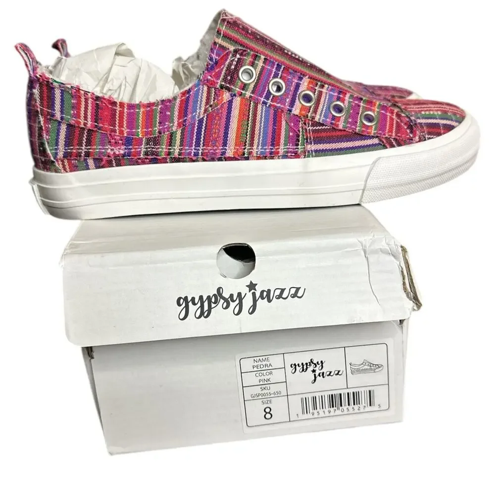 Gypsy Jazz Shoes Womens 8 Pink Striped Multicolor‎ Pull-on Pedra Sneakers NEW