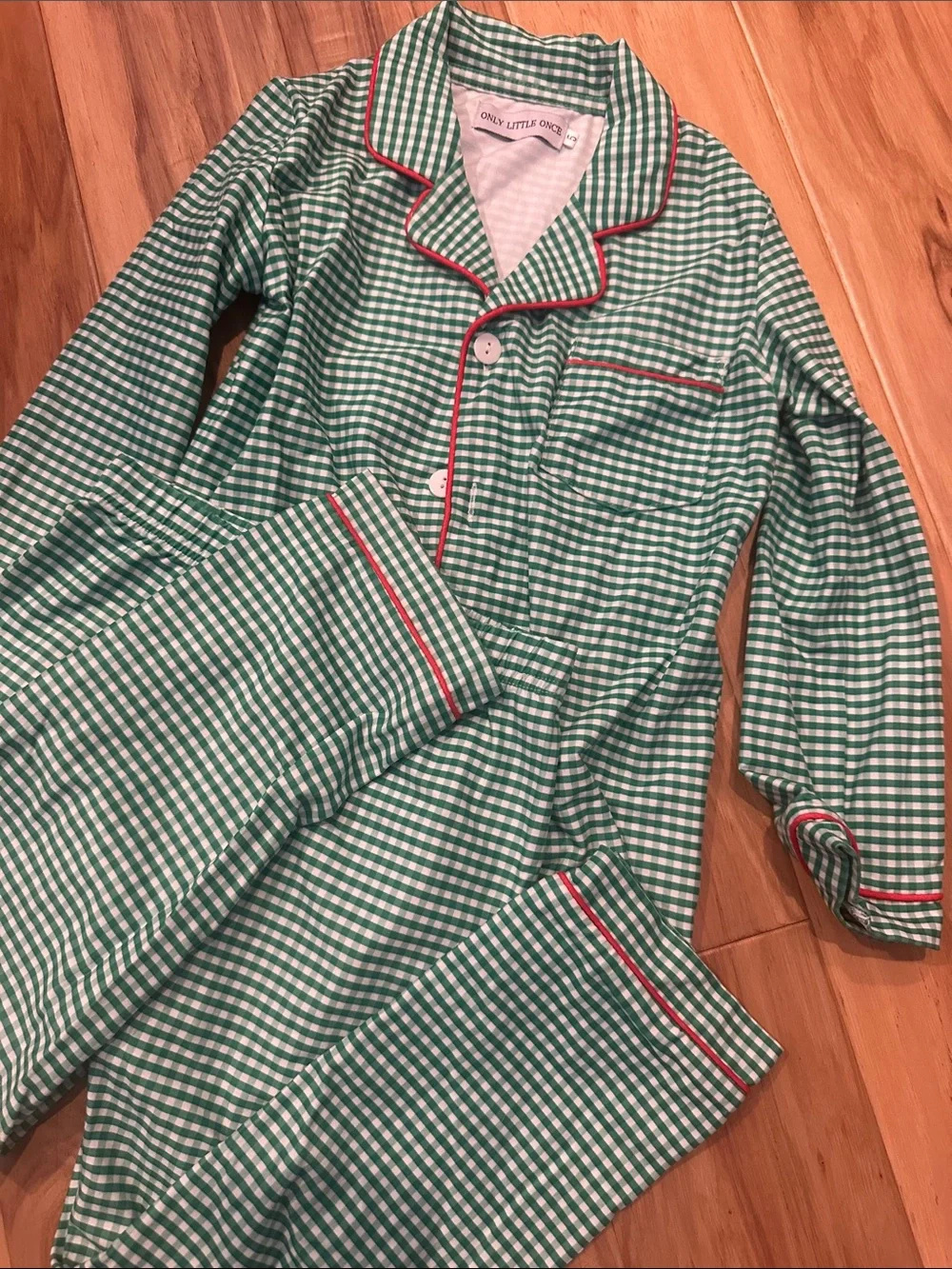 Green Gingham Kids Pajama Set with Red Piping - Cozy Two-Piece
