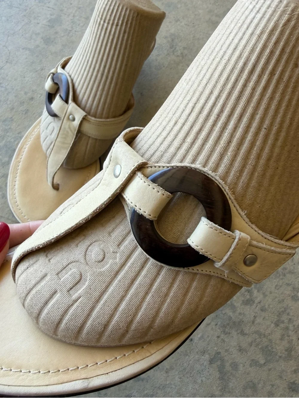 Tommy Bahama Cream T-Strap Heeled Sandals with Brown Ring Accent