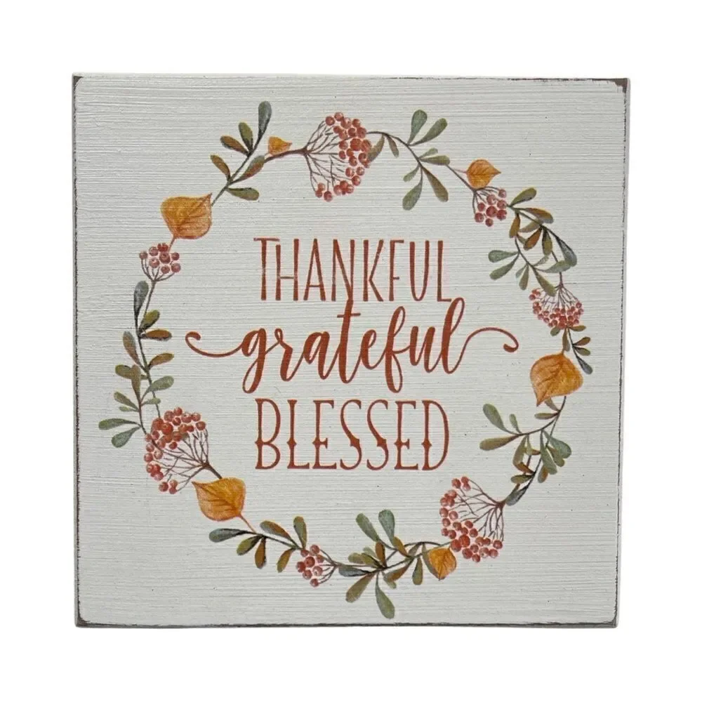 Thankful Grateful Blessed Whitewashed Distressed Wood Sign Quill to Paper NWT
