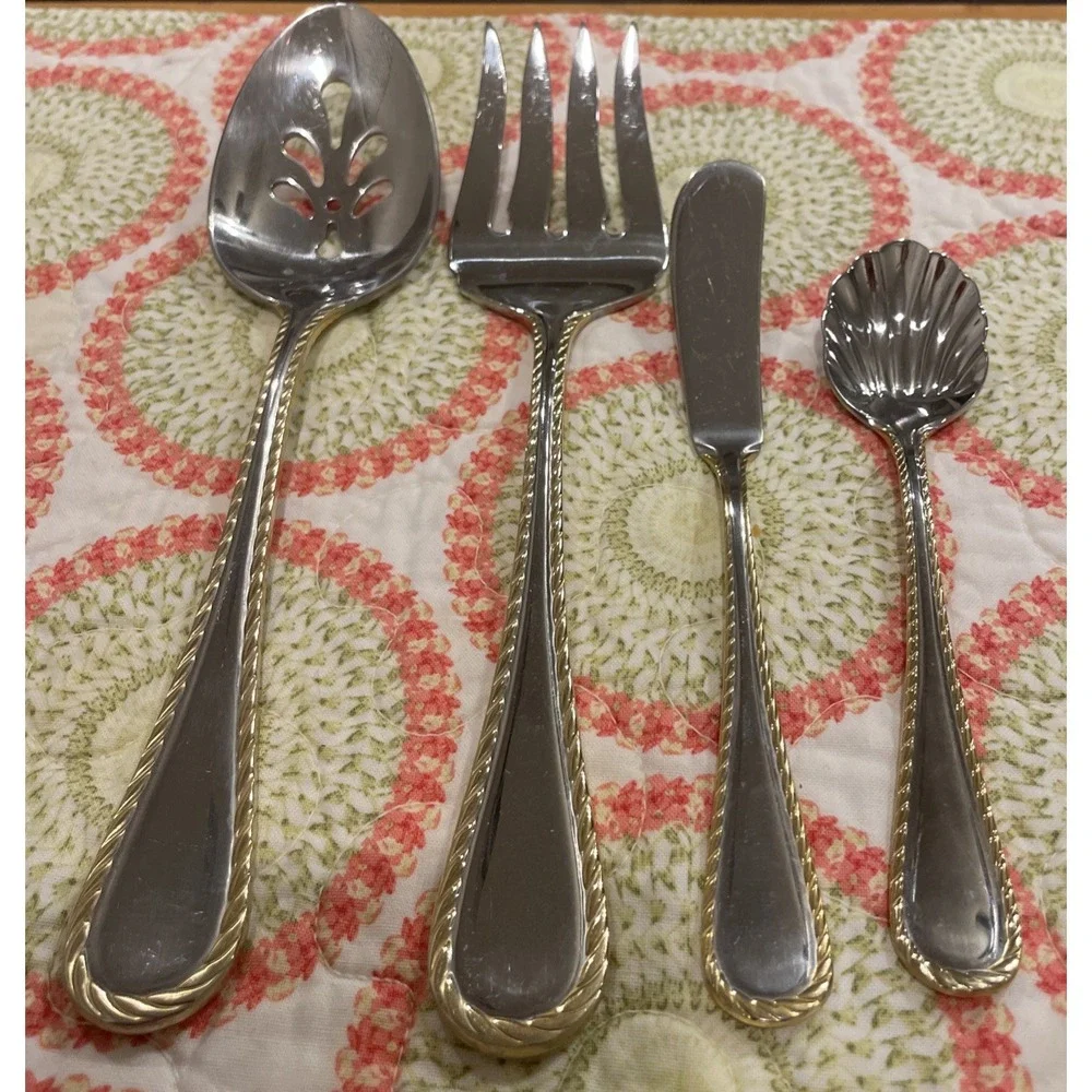 Oneida Golden Belmont Stainless Rope Edge Gold Serving Piece Fork Spoon Set Of 4