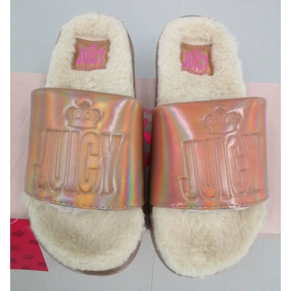 JUICY BY JUICY COUTURE TARZANA ROSE GOLD FUR LINED SLIDES Girl's Sz 1 NEW IN BOX