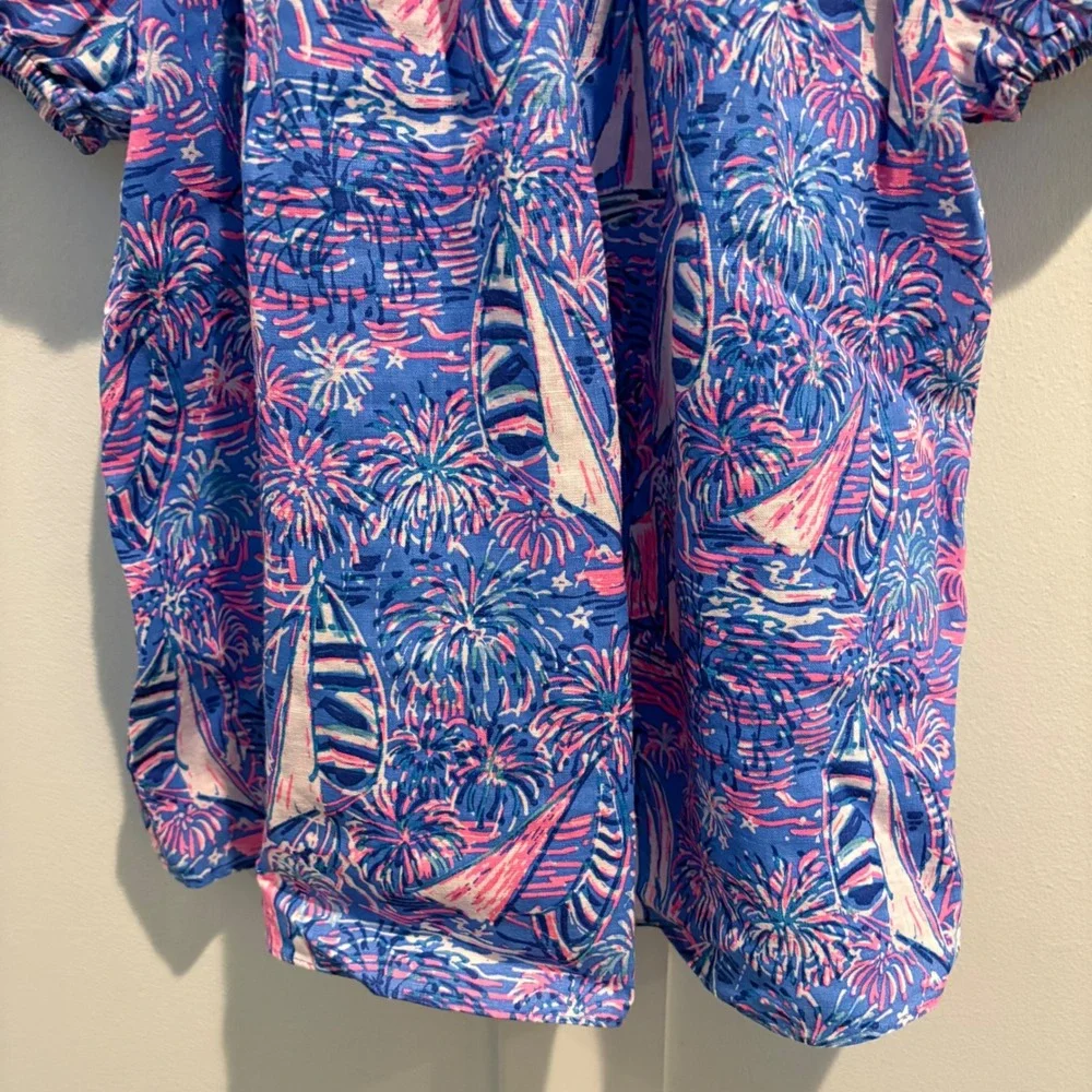 Lilly Pulitzer 100% Linen Puff Sleeve Smocked Square Neck Top Sailabration Sz 6