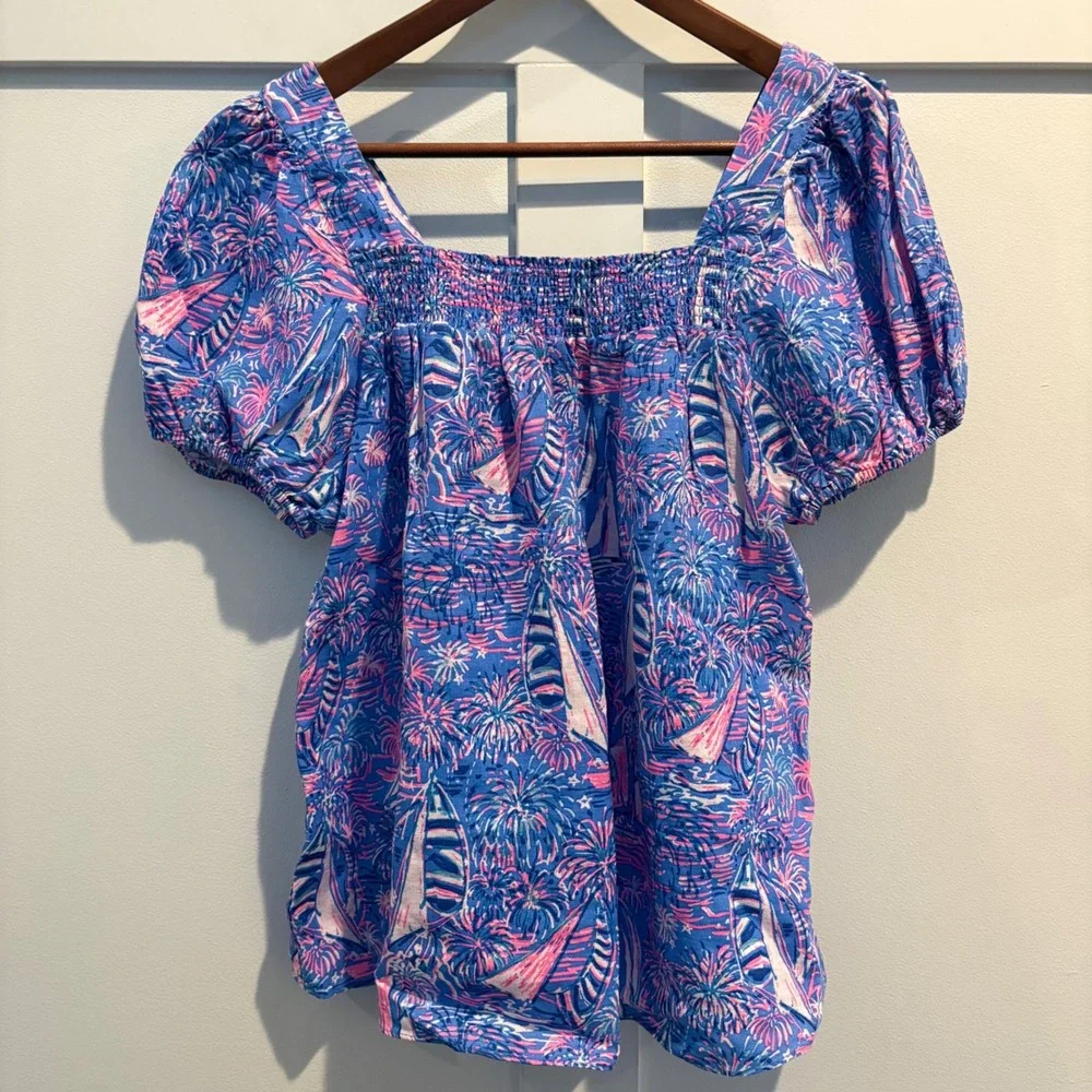 Lilly Pulitzer 100% Linen Puff Sleeve Smocked Square Neck Top Sailabration Sz 6