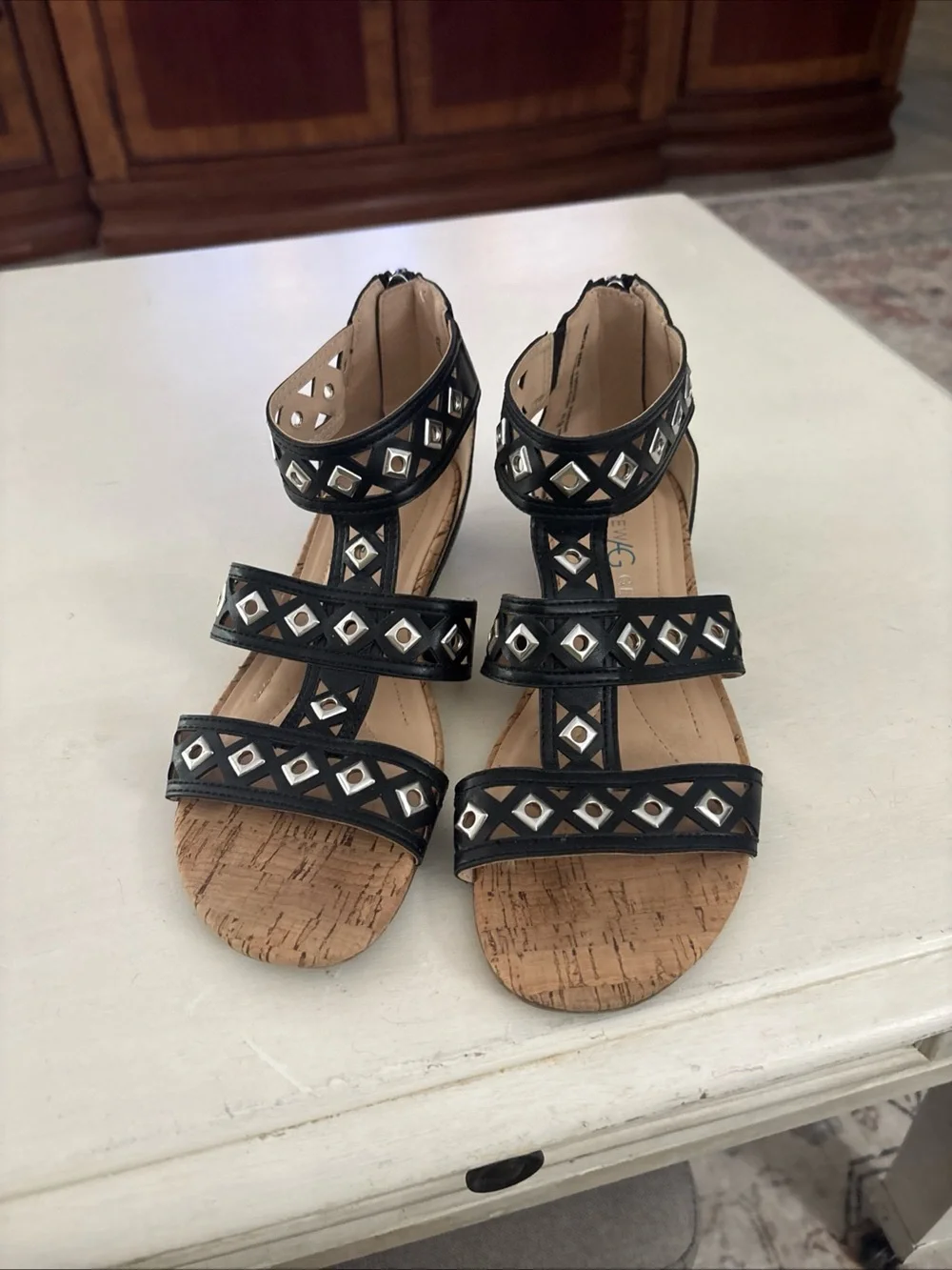 Black Studded T-Strap Cork Sandals Andrew Gellar Size 6