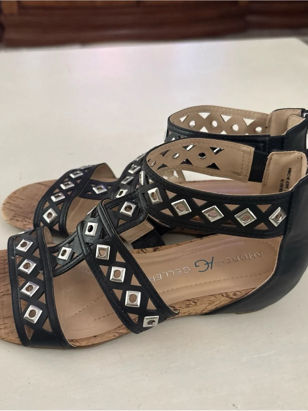 Black Studded T-Strap Cork Sandals Andrew Gellar Size 6