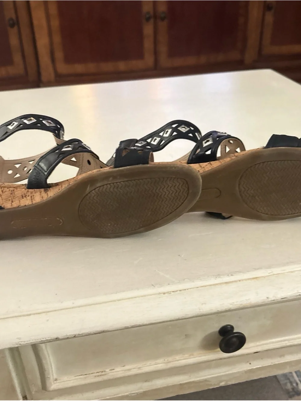 Black Studded T-Strap Cork Sandals Andrew Gellar Size 6