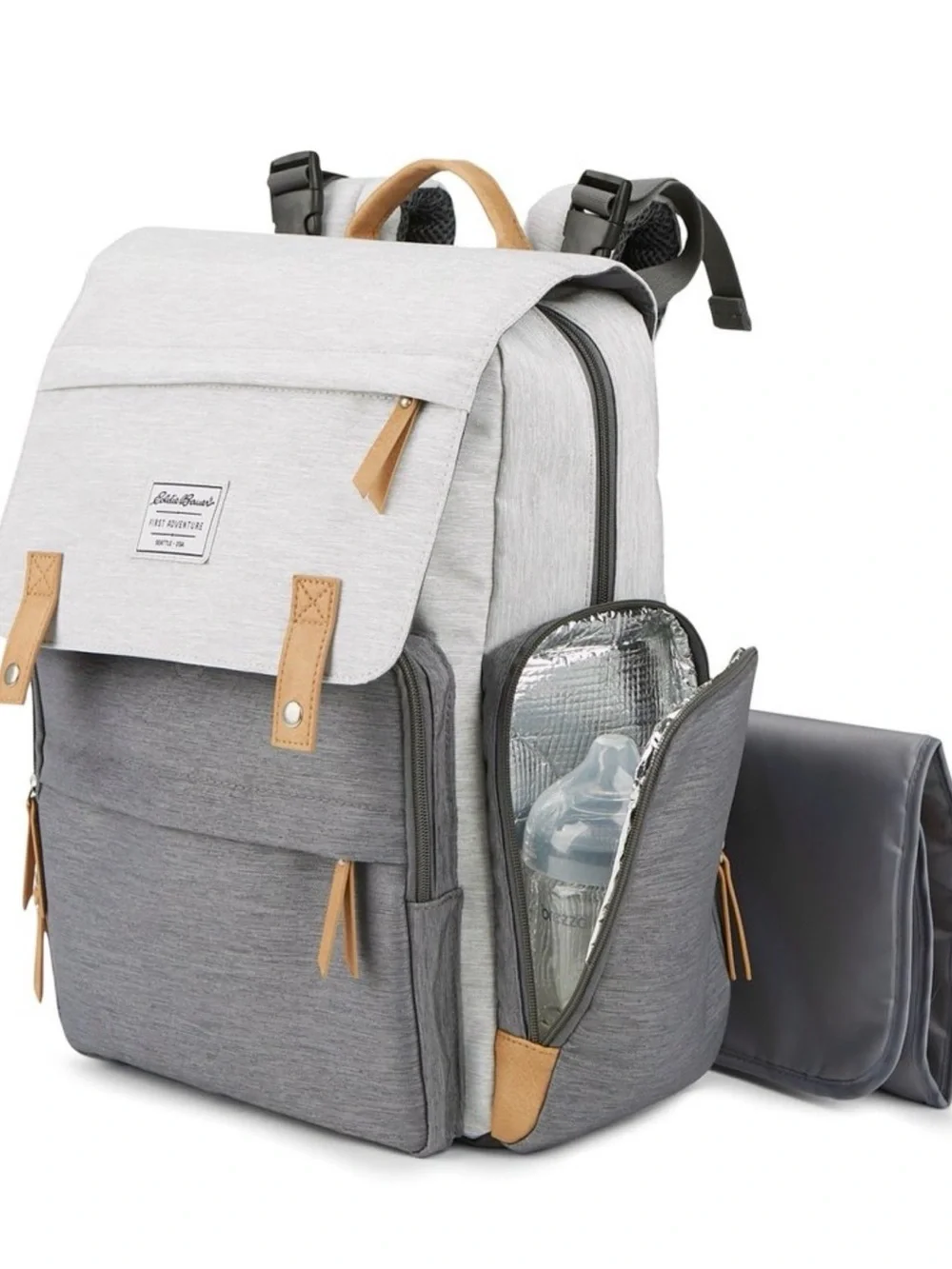 Eddie Bauer Two-Tone Gray Canvas Diaper Backpack with Tan Accents