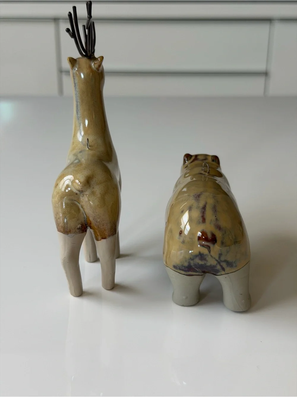 Ceramic Deer and Bear Figurine Set in Glazed Beige Rustic Woodland